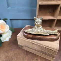 Vide-poche vintage chat poisson en laiton sur socle bois massif