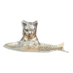 Vide-poche vintage chat poisson en laiton sur socle bois massif