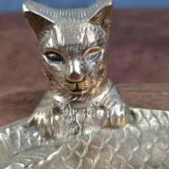 Vide-poche vintage chat poisson en laiton sur socle bois massif