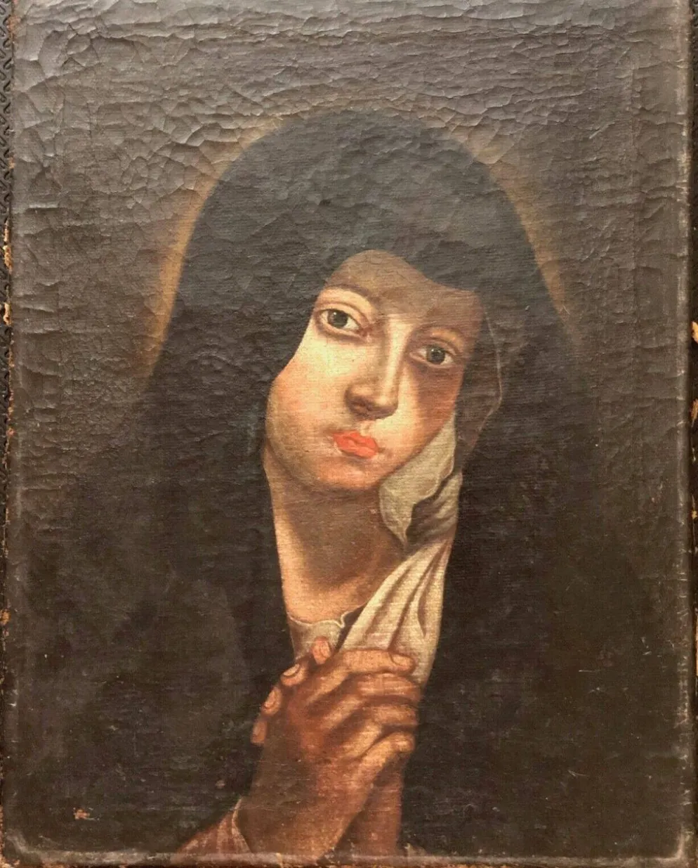 Vierge Marie peinture sur toile du XVIIe anonyme 49 cm par 38 cm école Italienne