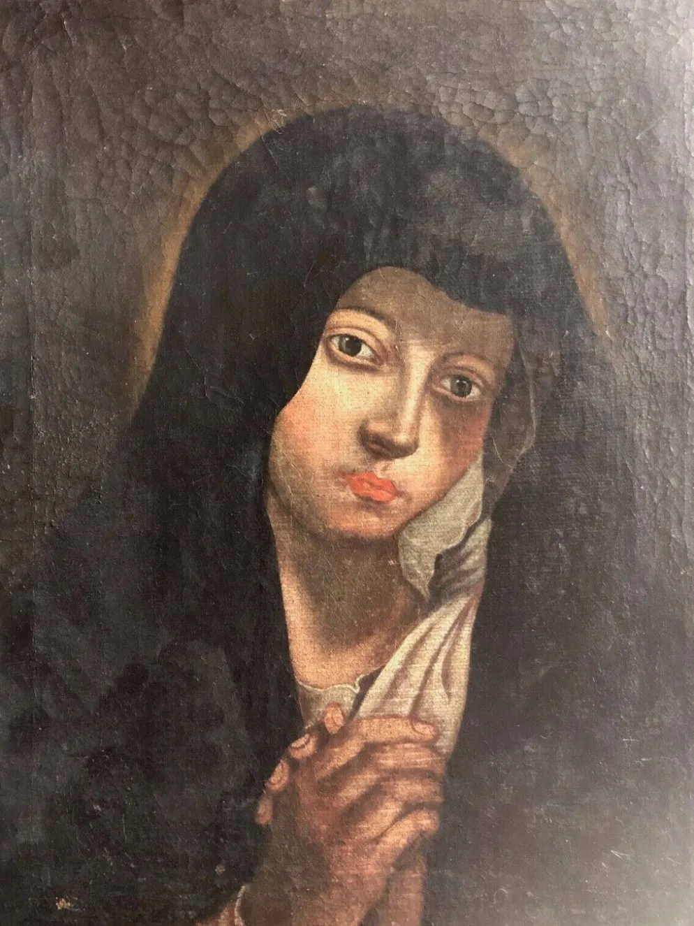 Vierge Marie peinture sur toile du XVIIe anonyme 49 cm par 38 cm école Italienne