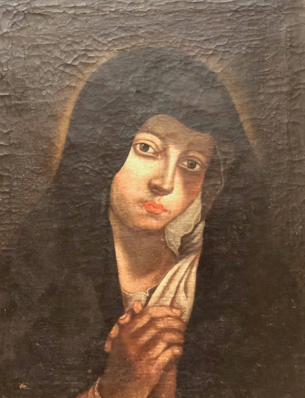 Vierge Marie peinture sur toile du XVIIe anonyme 49 cm par 38 cm école Italienne