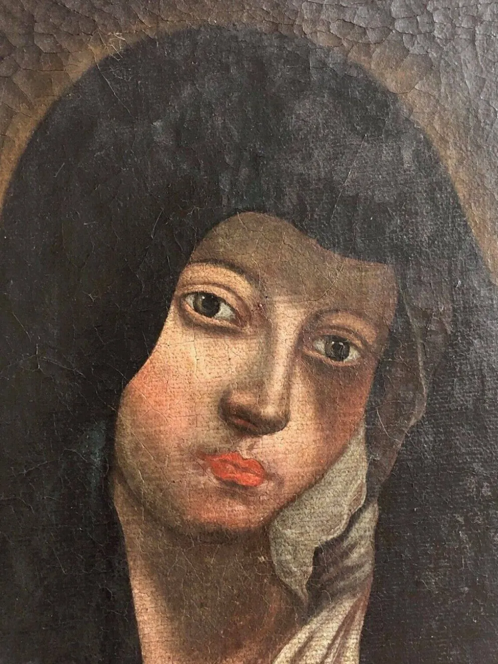 Vierge Marie peinture sur toile du XVIIe anonyme 49 cm par 38 cm école Italienne