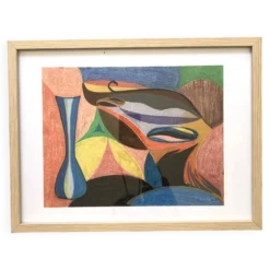 Vintage cubiste nature morte pastel sous verre et signée de 1967