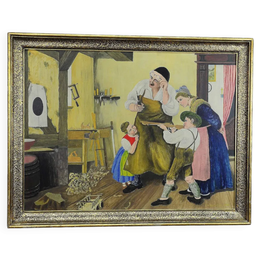 W. Melchinger - Scène folklorique bavaroise dans une menuiserie 1956