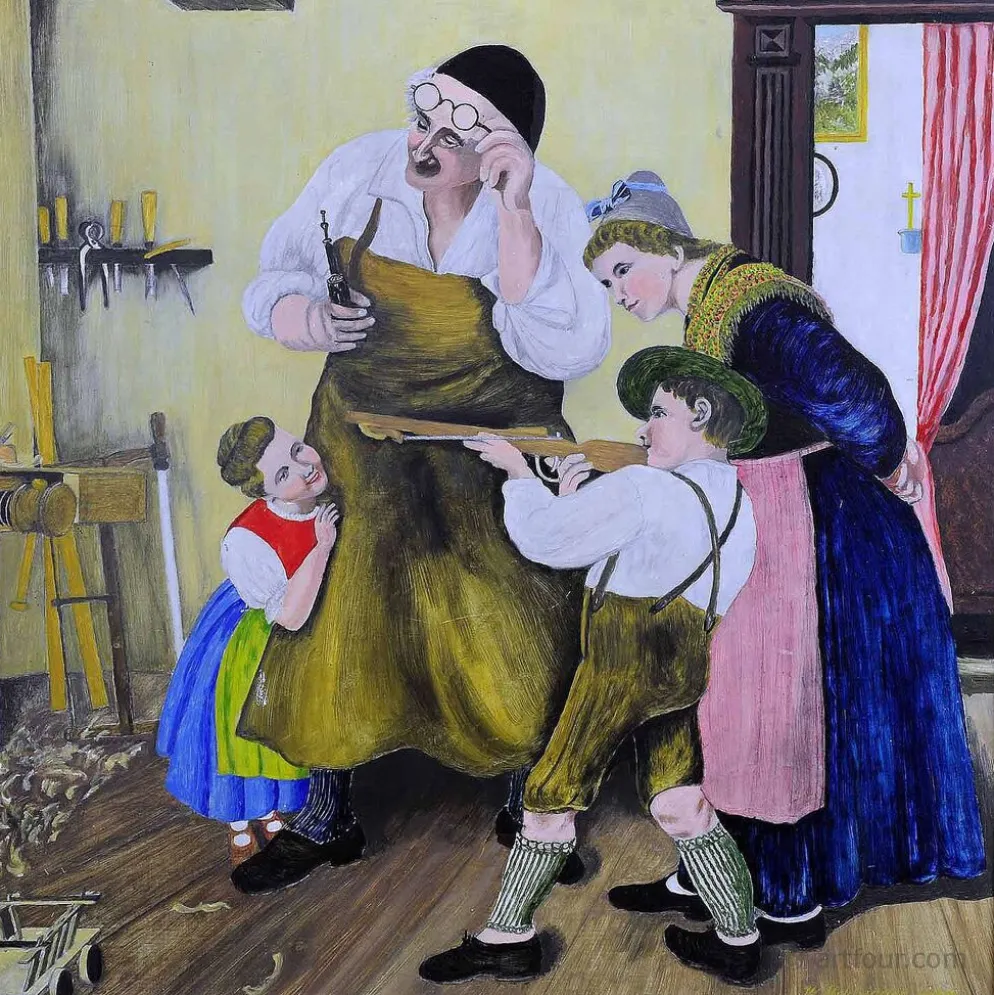 W. Melchinger - Scène folklorique bavaroise dans une menuiserie 1956